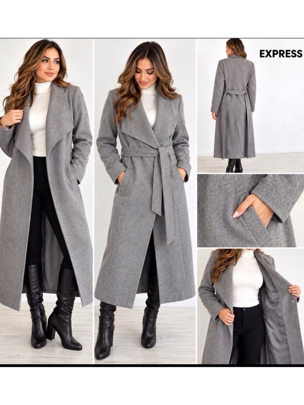 Express Women’s Large Gray Wool Blend Long Wrap Coat Belted NWT